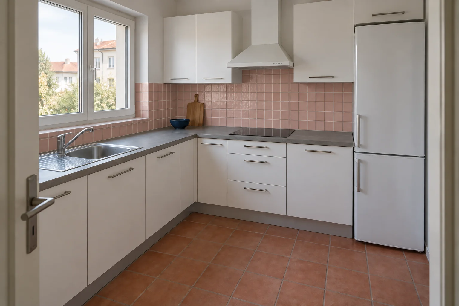 Dusty pink square backsplash tiles above the retained grey countertop.