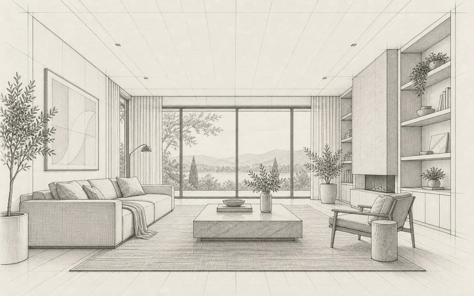 Hand-drawn interior sketch used as the starting point for a Vizterior concept workflow