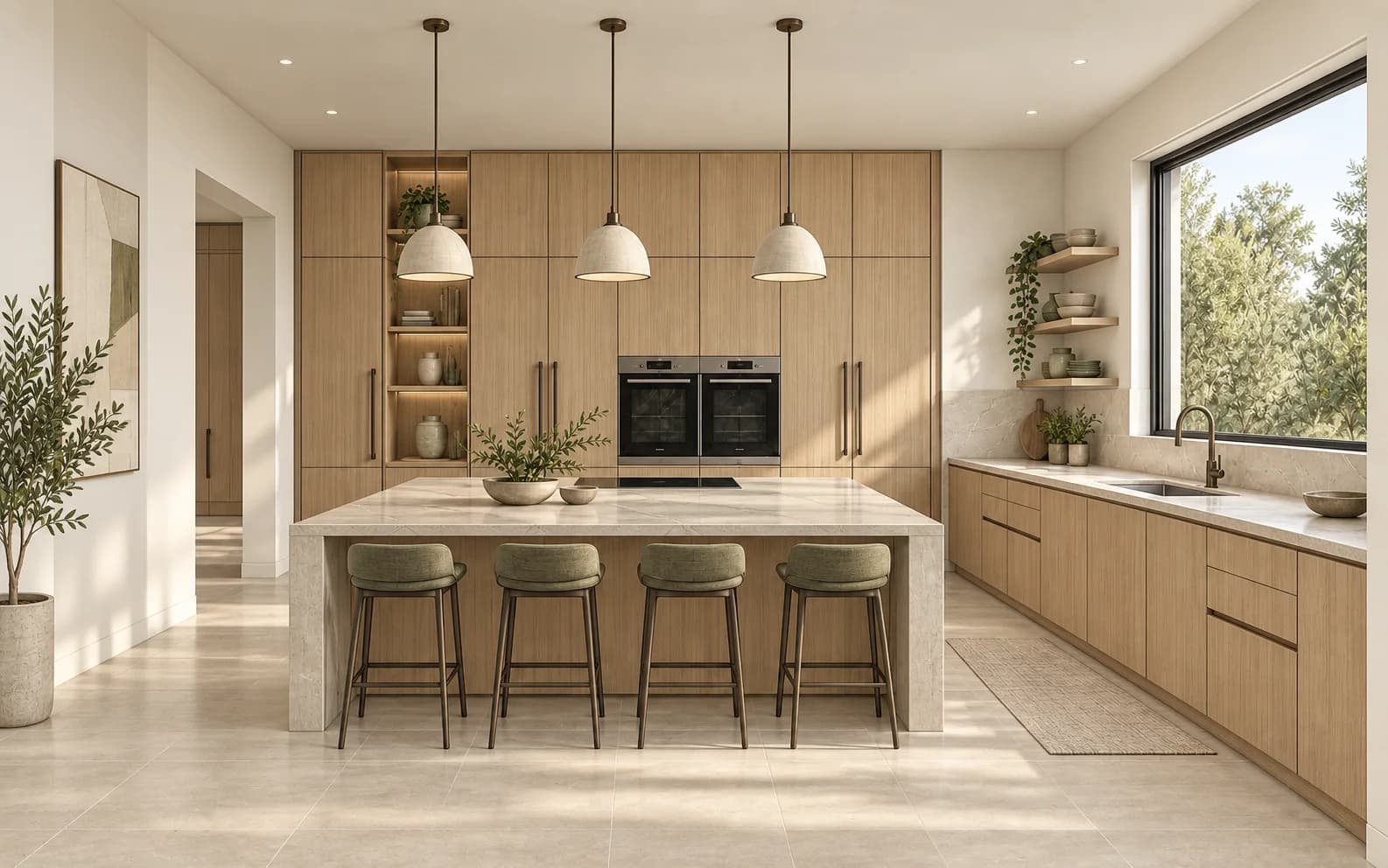 AI-created kitchen concept with pale cabinetry, stone surfaces, and warm lighting