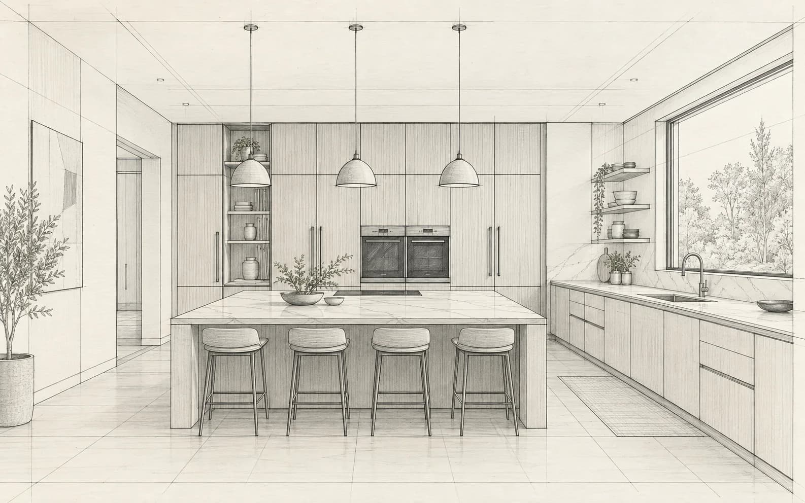 Hand-drawn kitchen sketch with cabinetry, island, and room openings