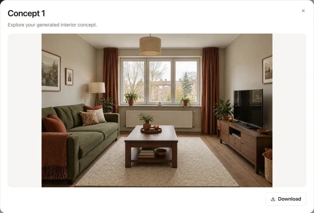 Vizterior concept preview showing an olive sofa, walnut furniture and an ivory rug