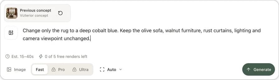 Vizterior editor with the previous concept selected and an instruction to change only the rug to cobalt blue