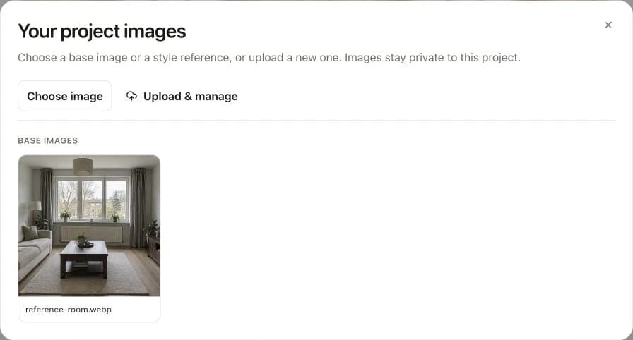 Vizterior image library with a living room photo selected as the base image