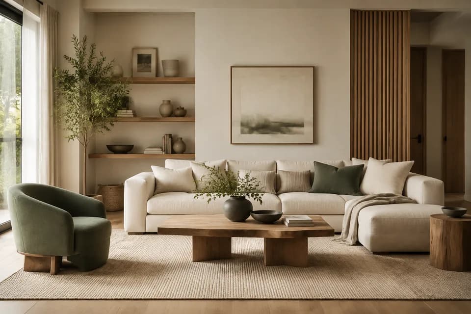 A sunlit living room with natural wood, soft linen, and an olive-green armchair