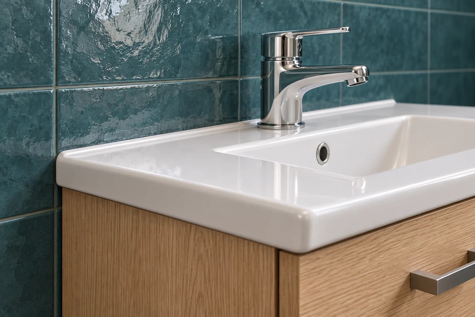 Material study of teal tile, an oak vanity and a white basin with a chrome tap.