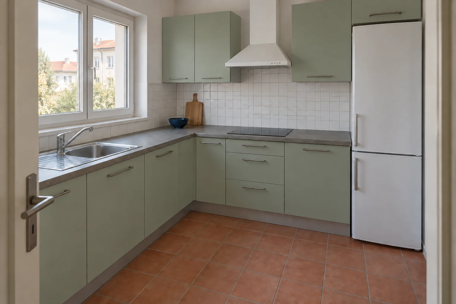 Soft green cabinet fronts introduce color beside the white backsplash and terracotta floor.