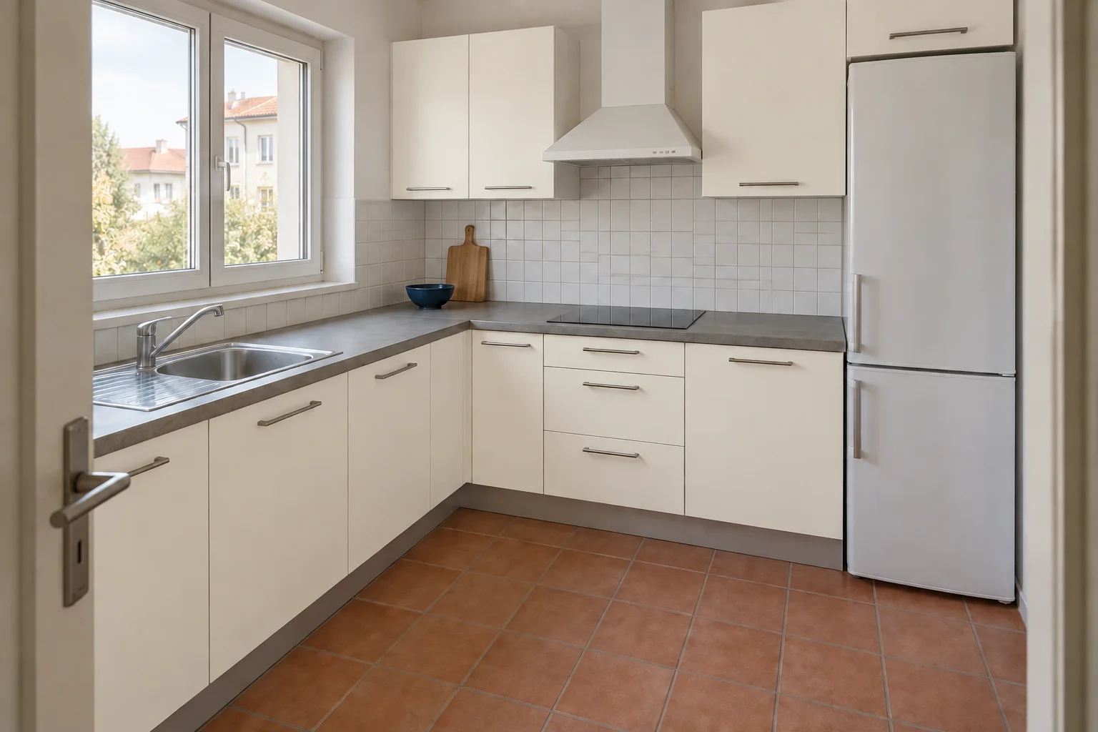 The white fronts stay close to the starting palette, with a softer warmth beside the grey counter.
