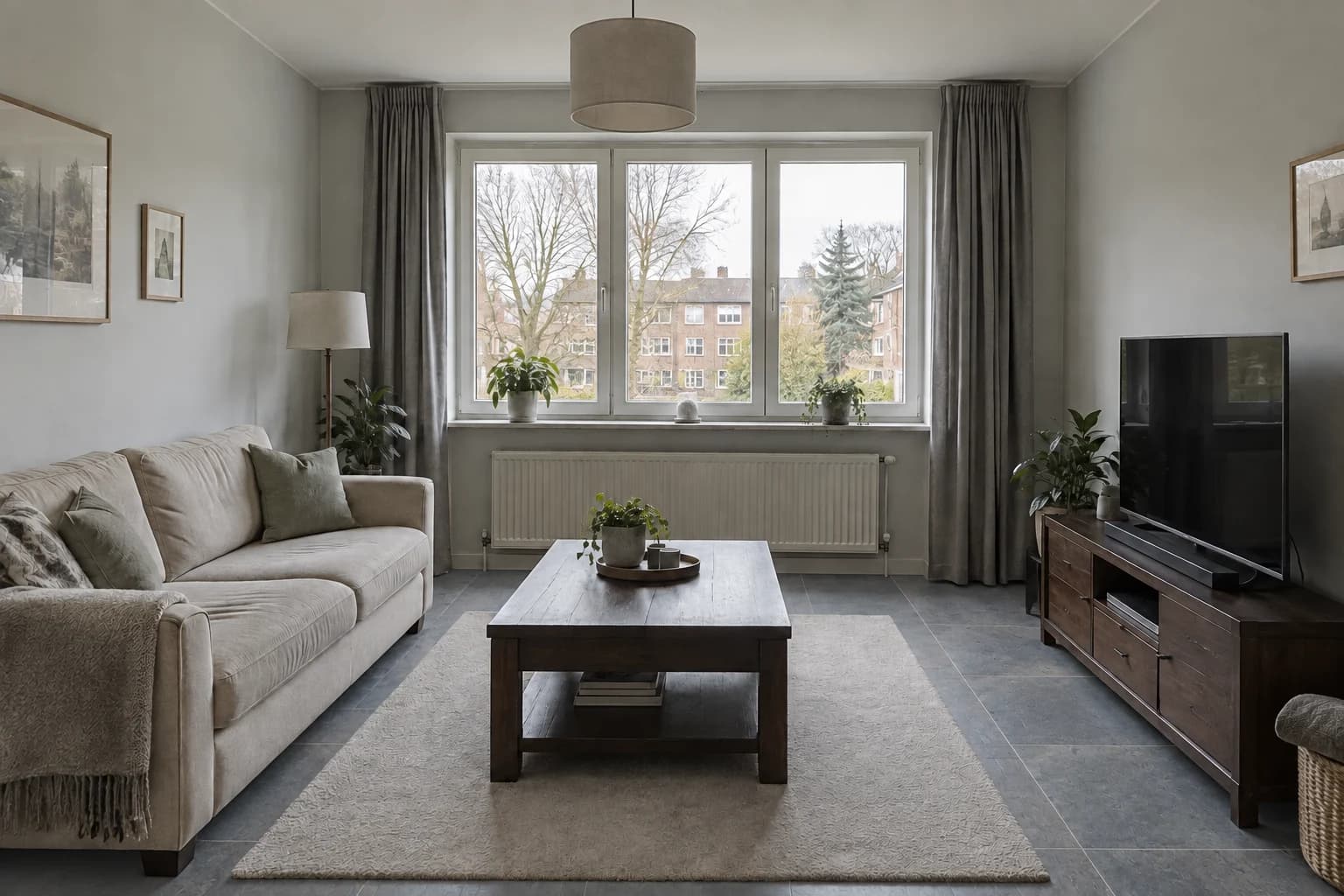 Blue-grey slate-look tile around a pale rug in the reference living room.