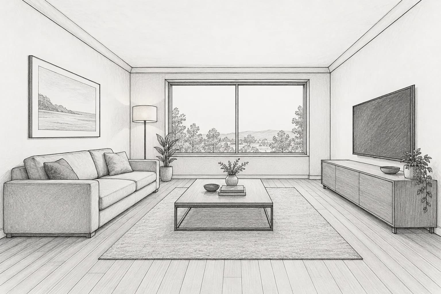 A perspective line sketch with a sofa, central table, rear window and media cabinet.