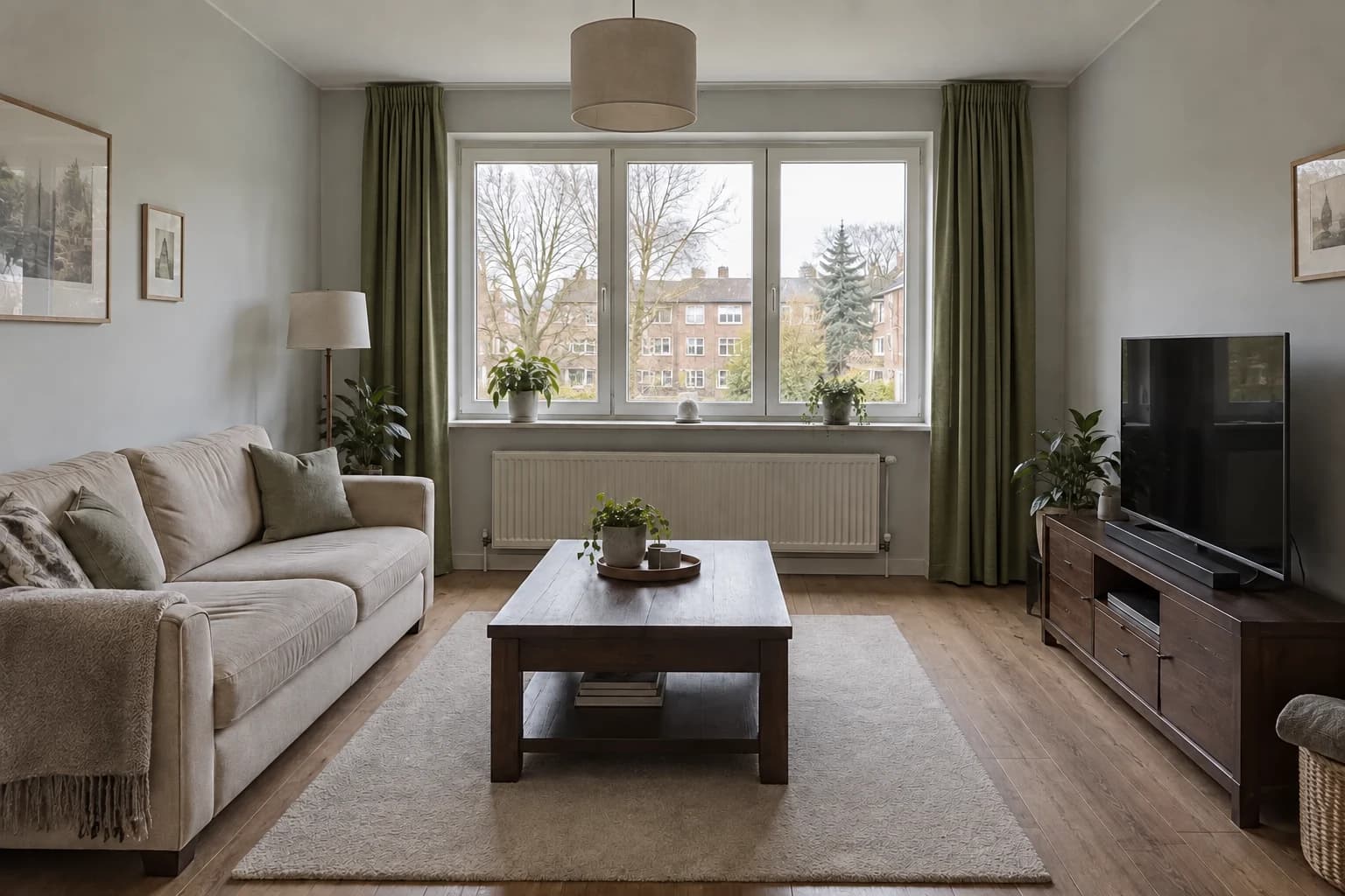 Olive green curtains framing the same rear window.