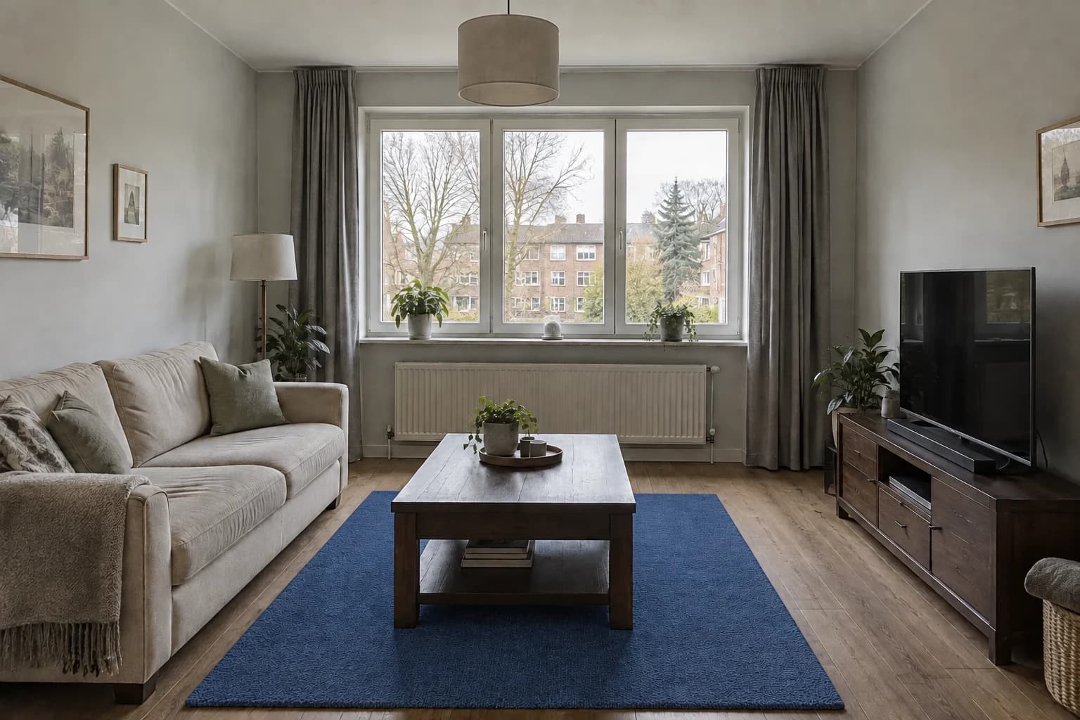 A blue rug beneath the retained dark coffee table.