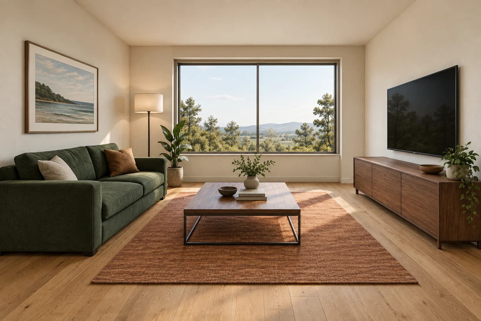 The sketch interpreted with a green sofa, walnut furniture, rust rug and direct daylight.