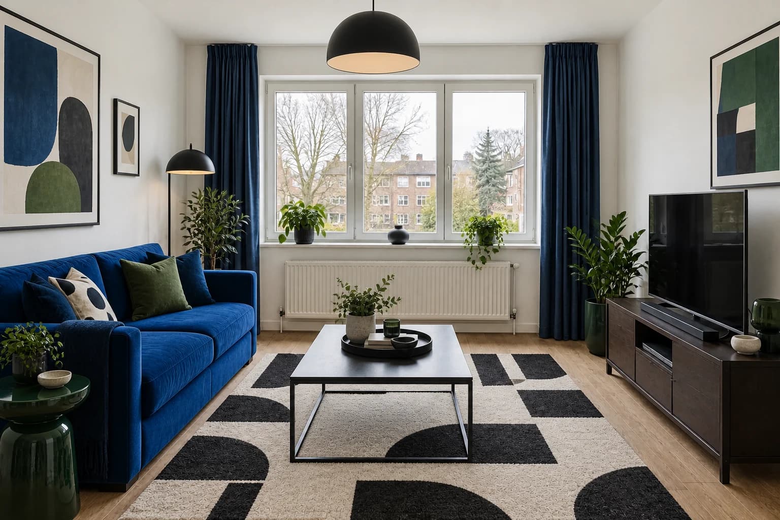 A cobalt sofa, dark curtains, black-and-white rug and green side tables.