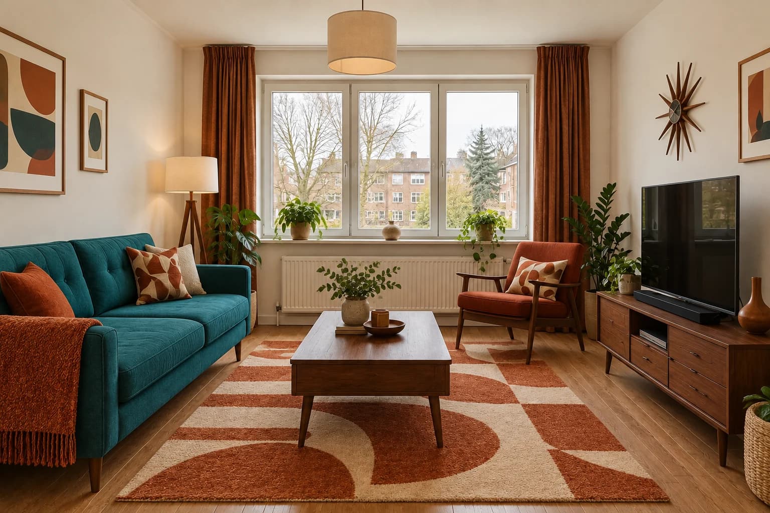 A teal sofa, walnut furniture, orange armchair and geometric rust rug.