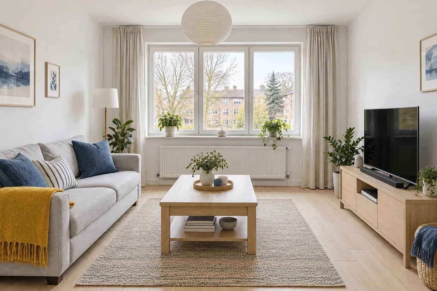 Pale wood furniture, a grey sofa and blue textiles with a mustard throw.
