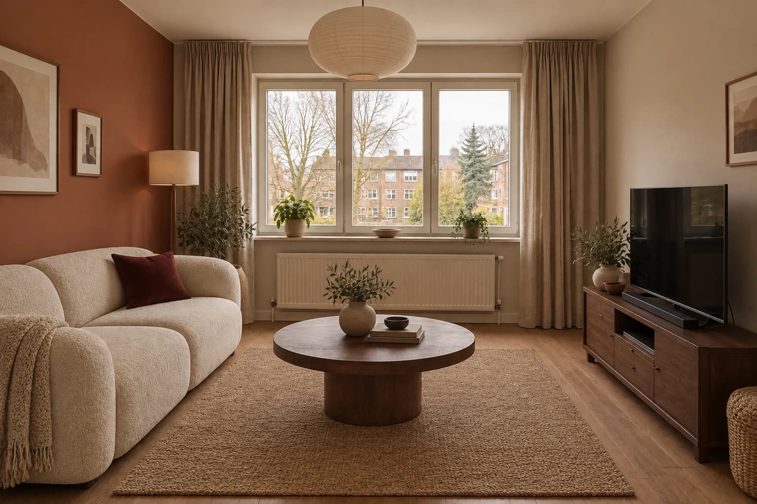 A terracotta wall behind a rounded cream sofa, with a walnut table and burgundy cushion.