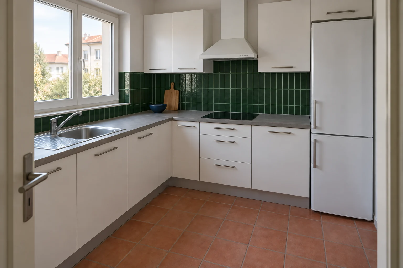 A forest green tile backsplash with white cabinets and terracotta flooring.