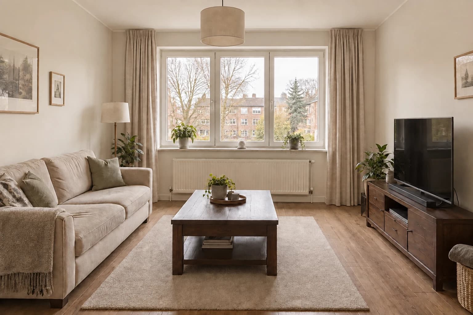 AI-generated follow-up of the same living room with muted oatmeal linen curtains, warm off-white walls and the original dark furniture arrangement.