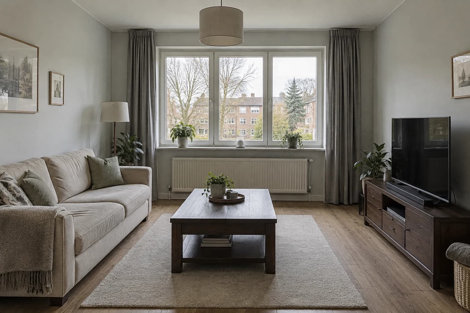 Living room with a sofa on the left, a three-panel window and radiator ahead, and a television cabinet on the right.