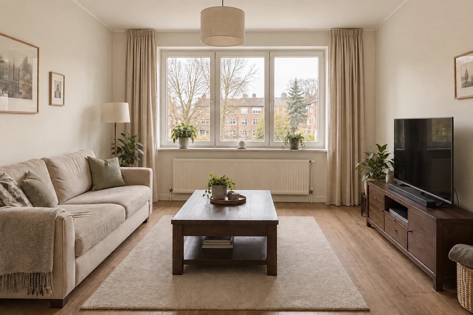 AI-generated concept of the same living room with warm off-white walls and natural linen curtains, retaining the sofa, dark rectangular coffee table and television cabinet.