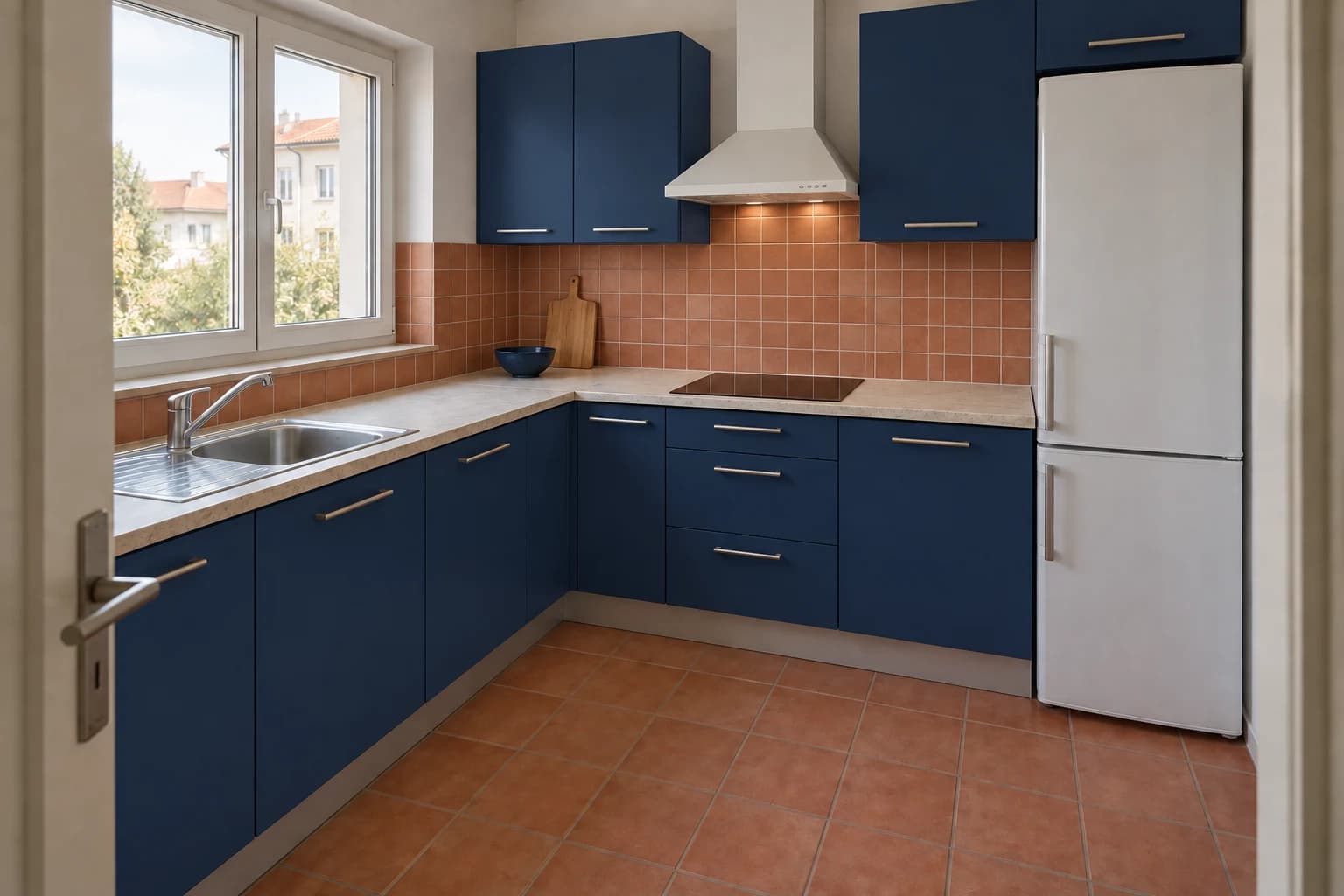 AI-generated kitchen palette with deep navy cabinets, a light countertop and terracotta tile backsplash above the existing warm floor.
