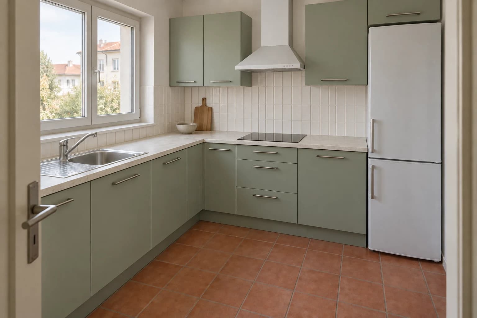AI-generated kitchen palette with muted sage cabinetry, a light stone-look countertop and off-white vertical tile backsplash.
