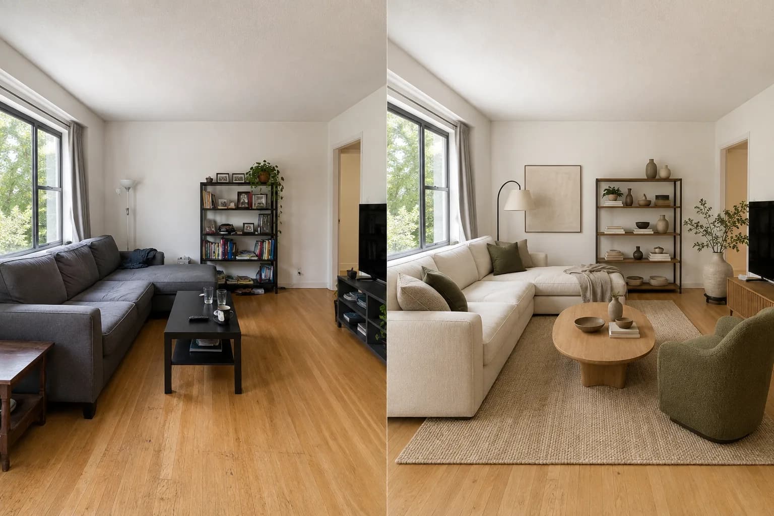 A room photo shown beside an AI-created living room concept