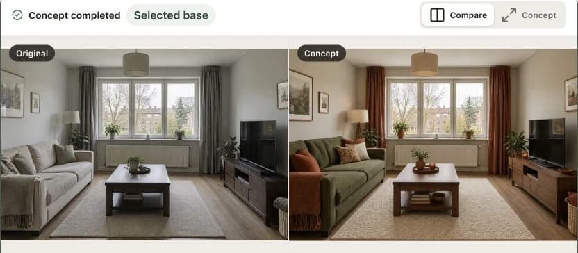 Actual Vizterior interface comparing the original room with a completed olive and walnut concept