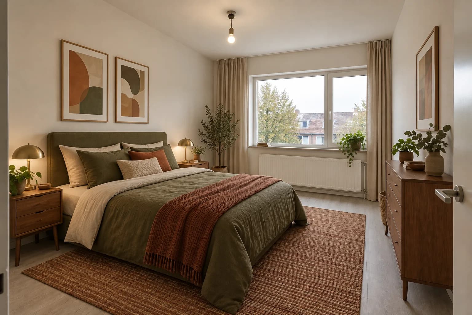 Bedroom furnished with olive textiles and walnut details