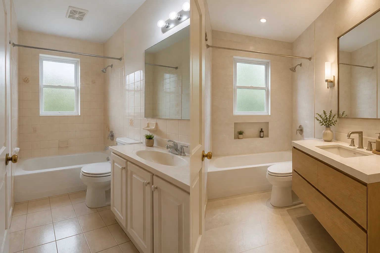 Bathroom room photo shown beside an AI-created finish concept