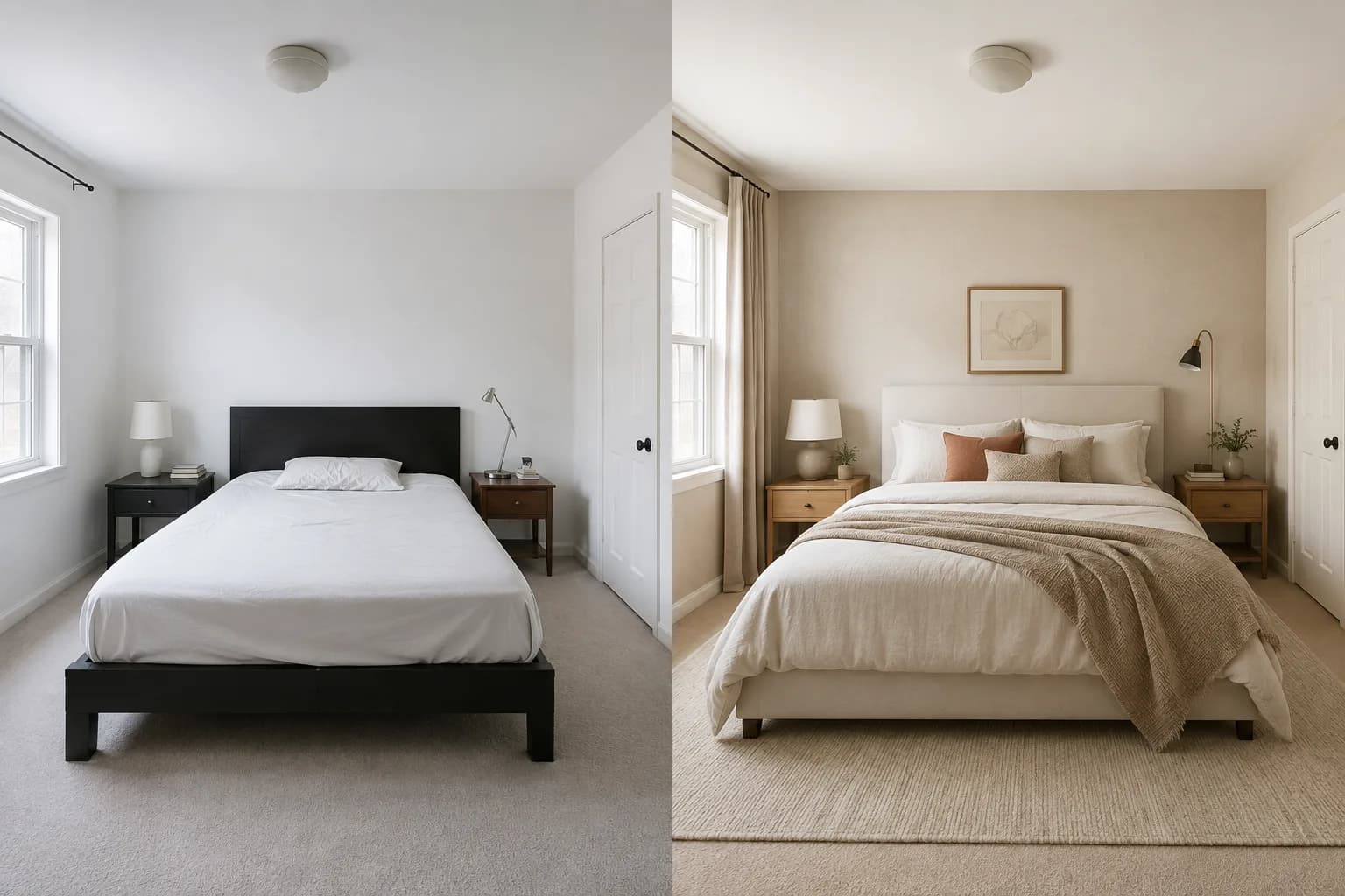 Bedroom room photo shown beside an AI-created calm interior concept