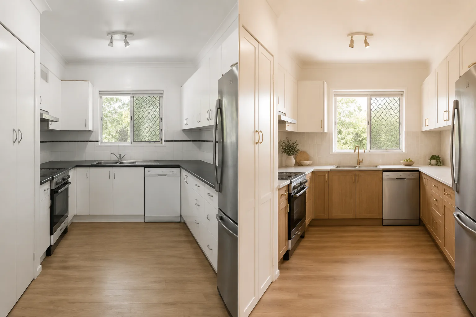 Kitchen room photo shown beside an AI-created material concept