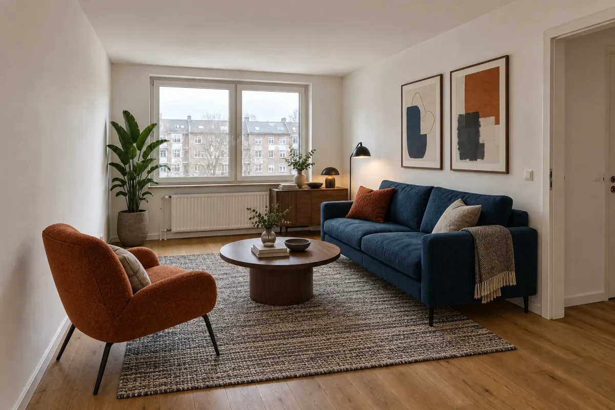 AI-furnished living room with a petrol-blue sofa, rust chair and walnut coffee table.
