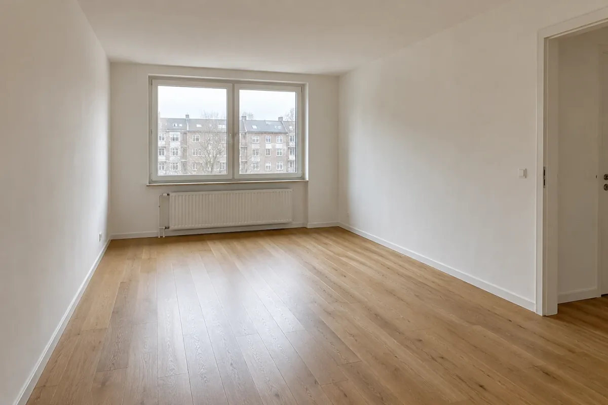 Empty rectangular apartment living room with oak floor, a rear window, radiator and right-hand doorway.