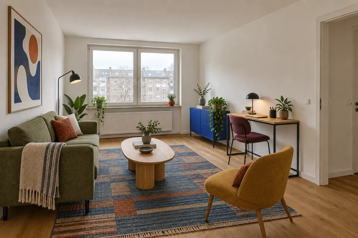 Flexible living and work concept with a green sofa, narrow desk, blue cabinet and ochre chair.