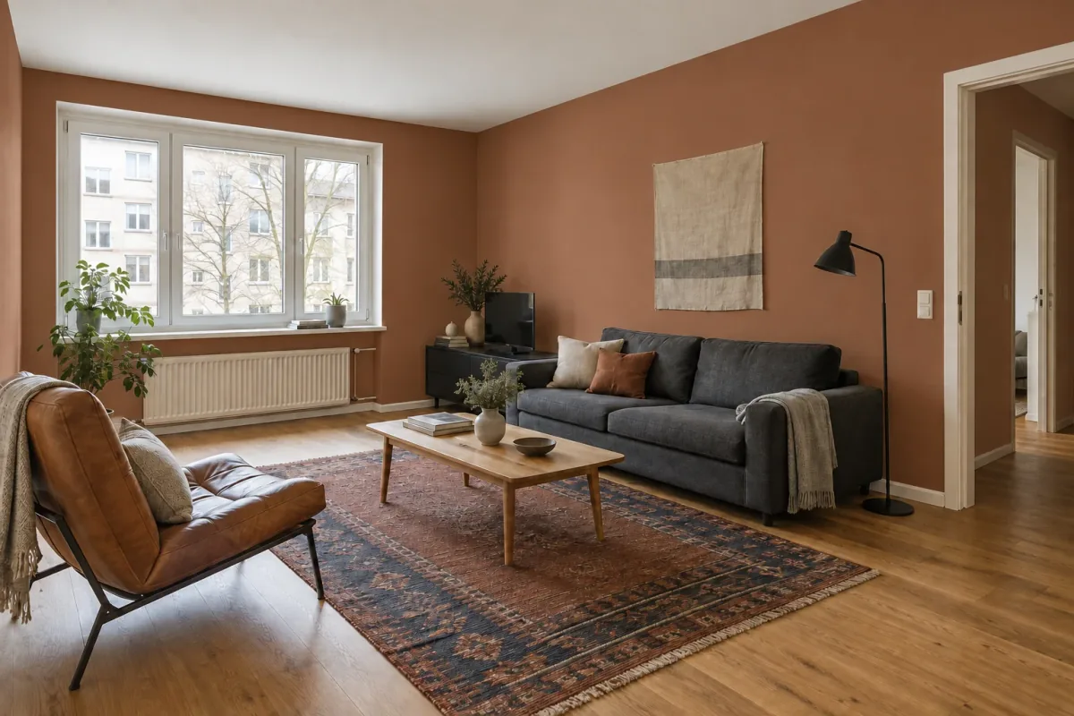 Living room with continuous muted terracotta-clay walls, white trim and unchanged furnishings.