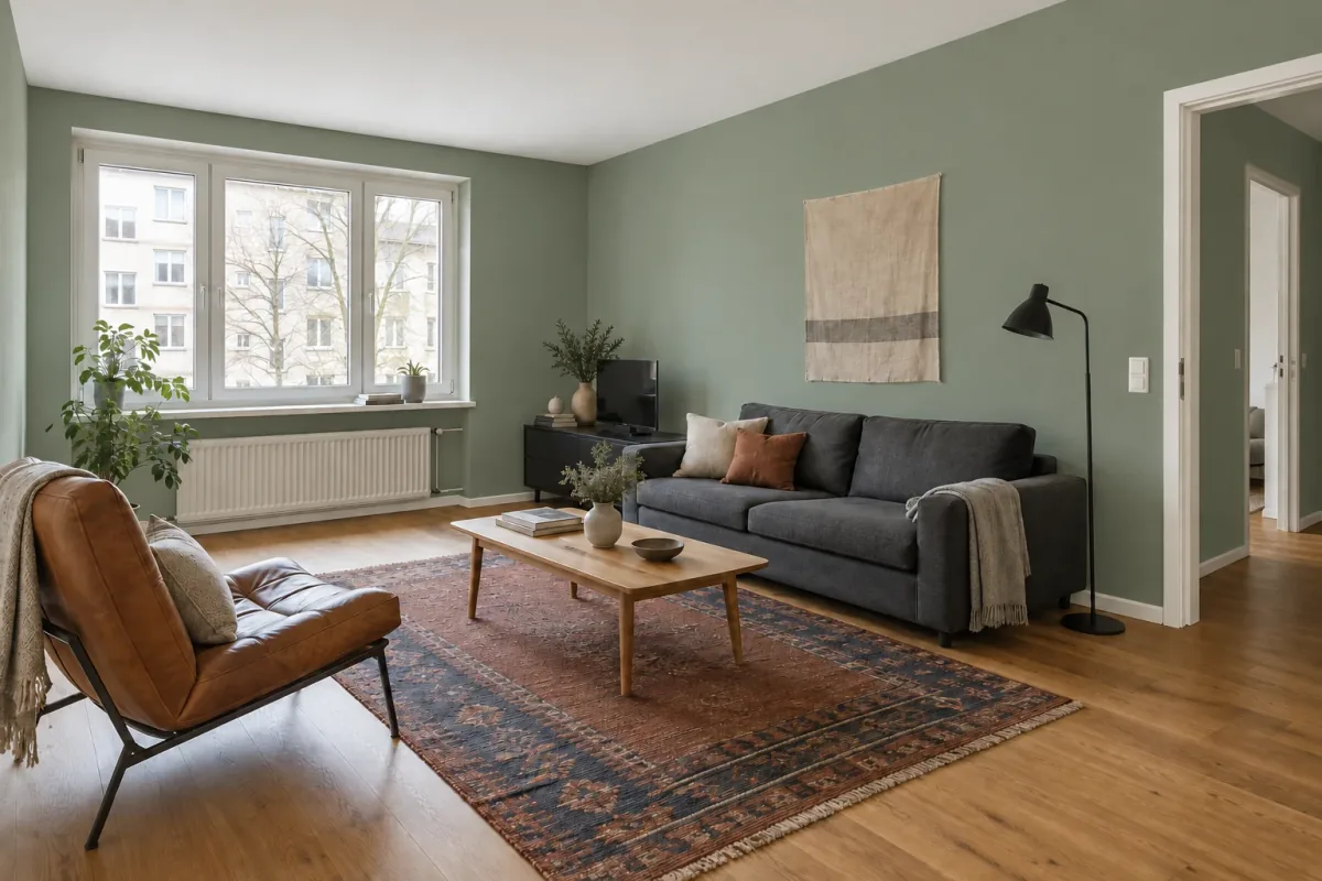 Living room with soft muted eucalyptus-green walls and retained white trim and furniture.