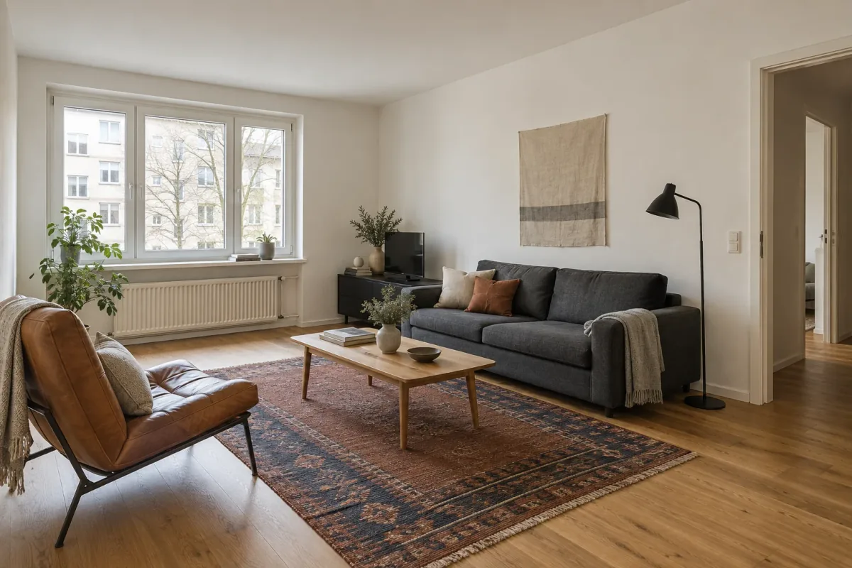 Reference living room with warm-white walls, charcoal sofa, cognac chair and rust-and-navy rug.