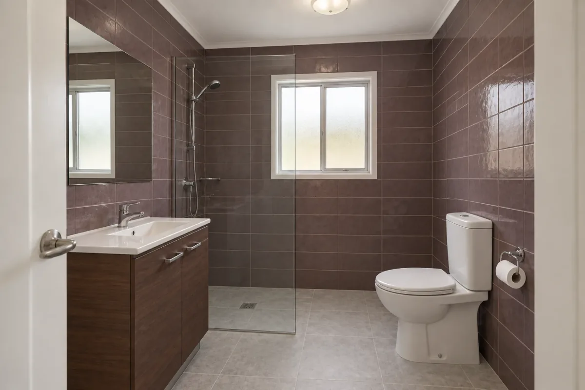 Muted plum-brown wall tiles, light grey floor and dark walnut vanity fronts.