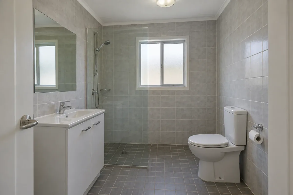 The starting bathroom with grey tiles, a white vanity, a rear shower and a toilet on the right.