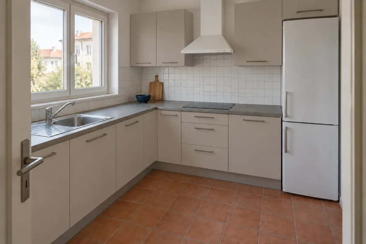 A warm grey-beige finish bridges the grey counter and the clay-colored floor.