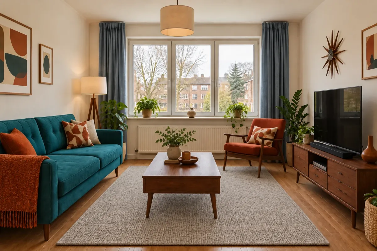 A teal-and-walnut living-room concept refined with quieter textiles.