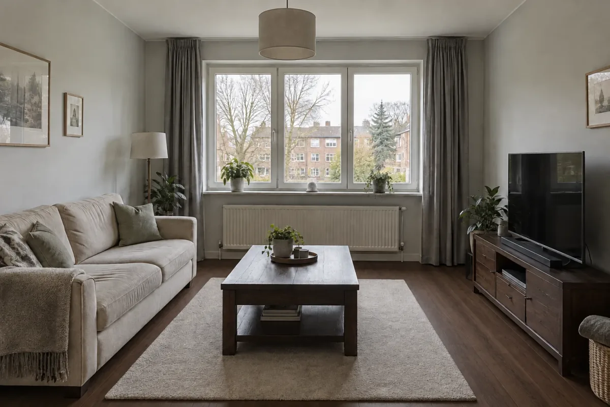Dark walnut-look flooring gives the pale rug a stronger outline.