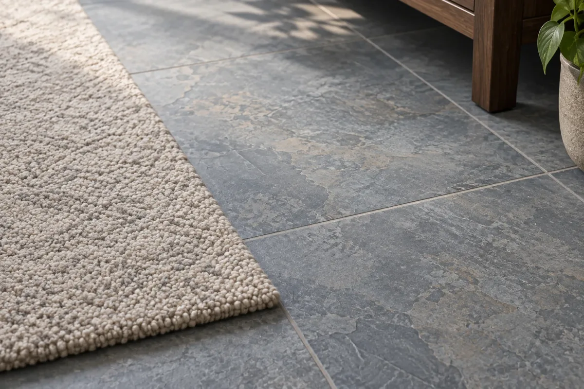 A detail study of blue-grey tile, grey grout and the edge of a pale rug.