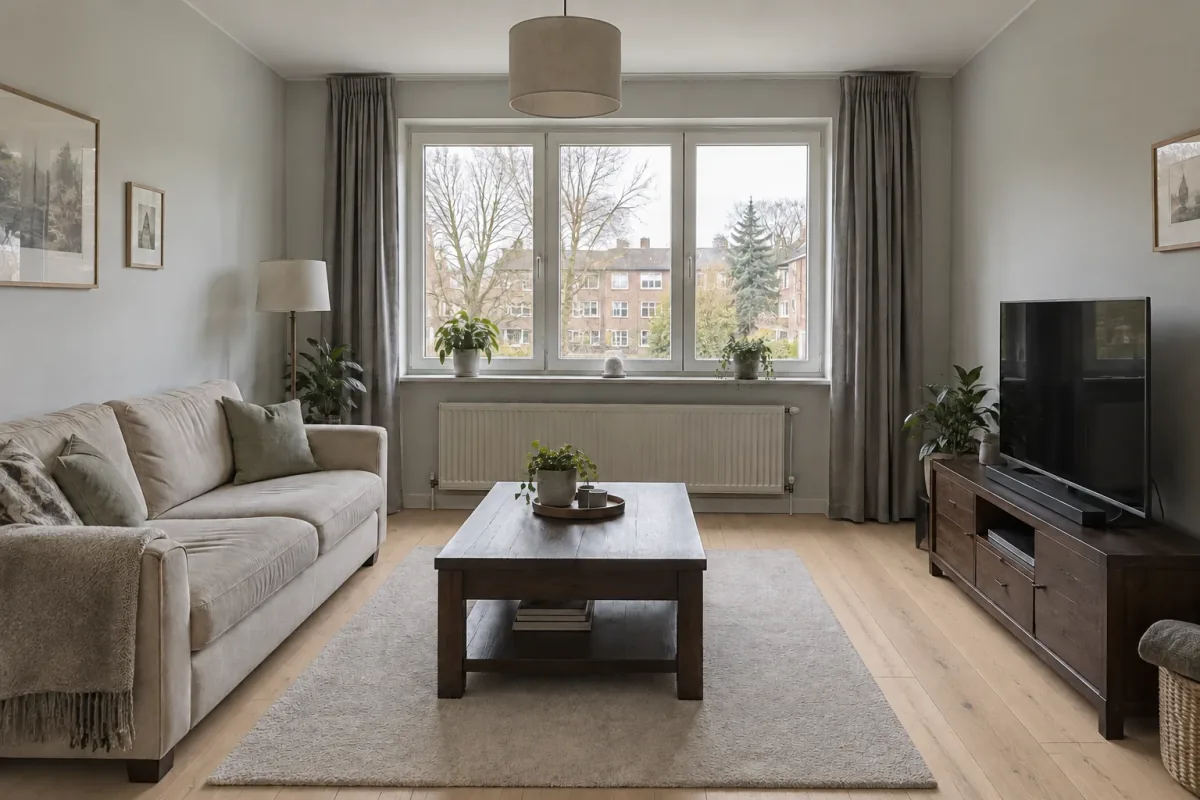 Light oak planks frame the pale rug and contrast with the dark media cabinet.
