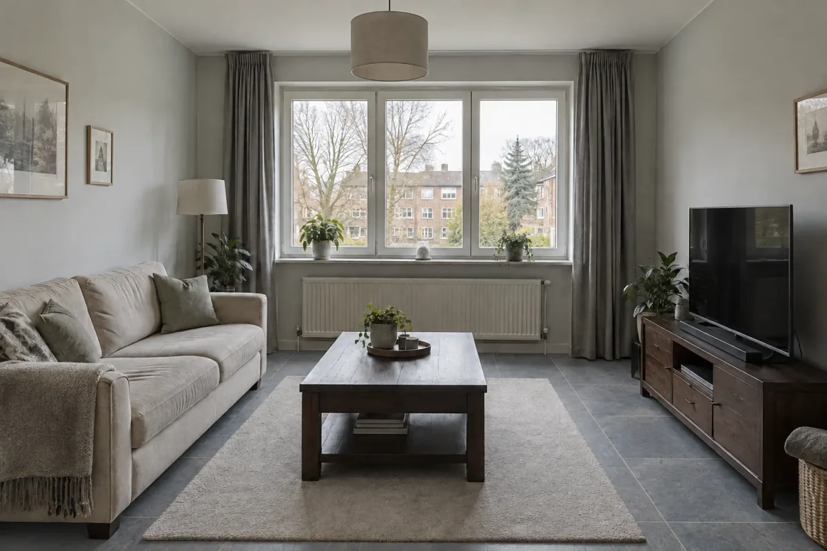 Blue-grey slate-look tile around a pale rug in the reference living room.