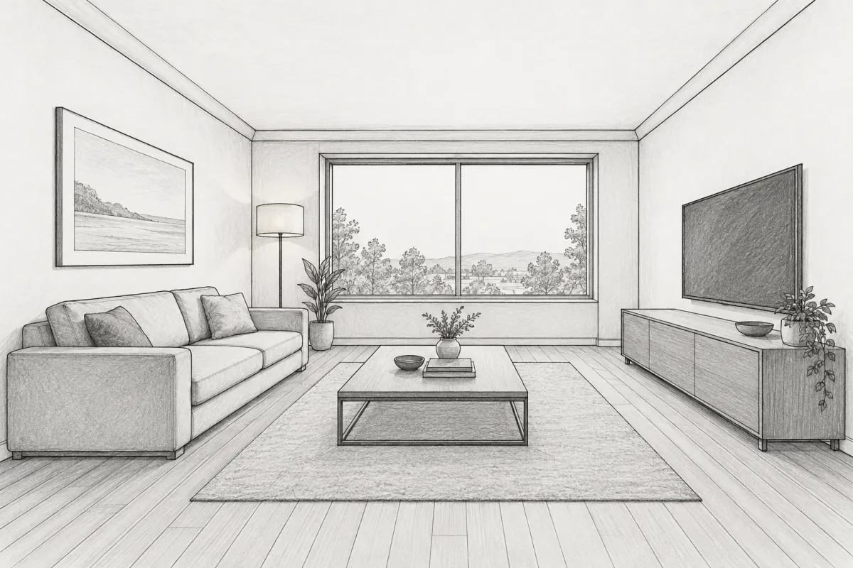 A perspective line sketch with a sofa, central table, rear window and media cabinet.
