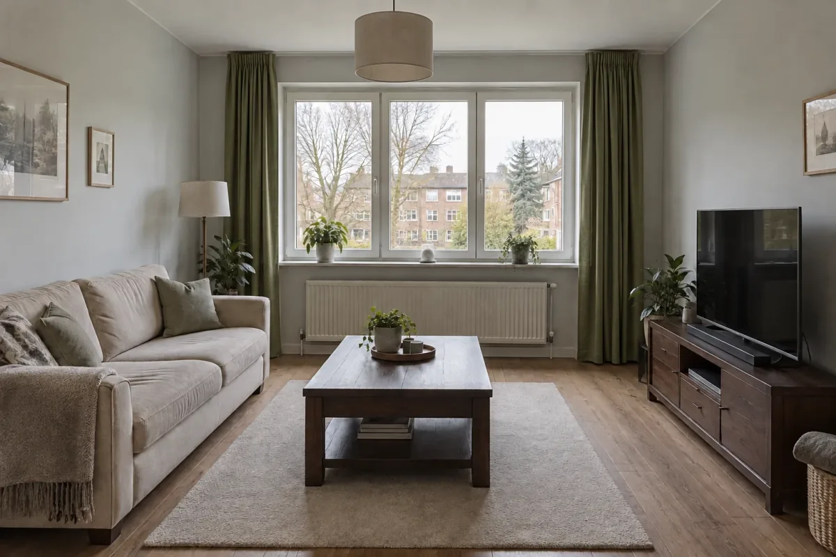 Olive green curtains framing the same rear window.