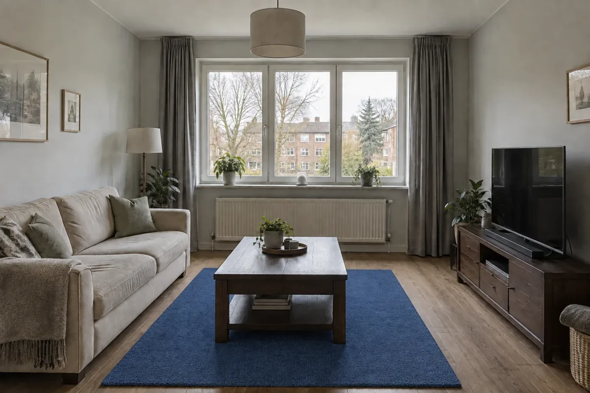 A blue rug beneath the retained dark coffee table.