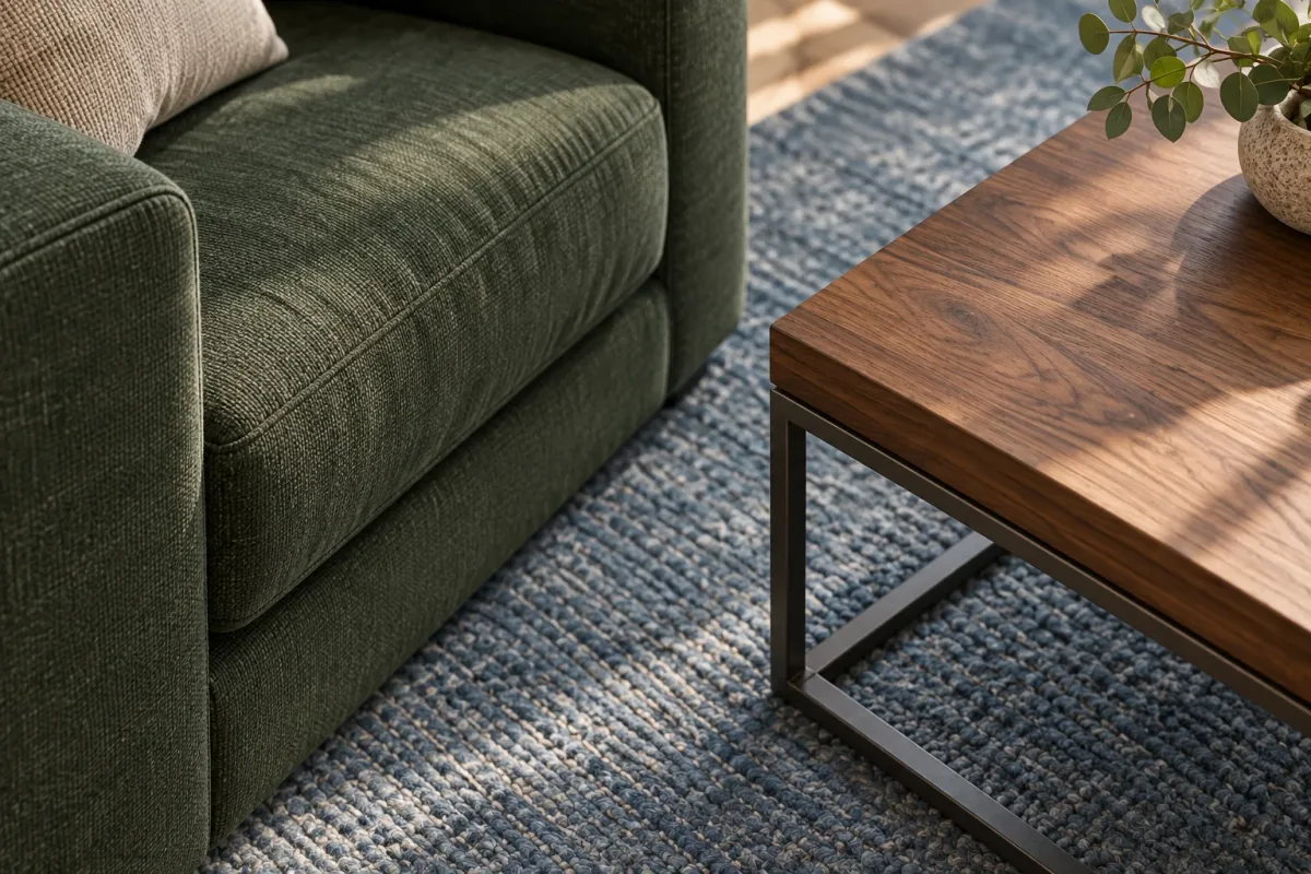 Material study of forest green upholstery, walnut and a dusty blue rug.